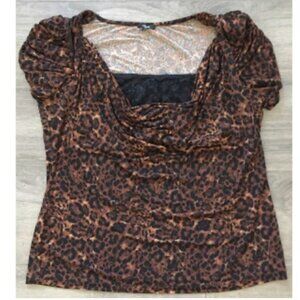 Sele Leopard Print Short Sleeve Polyester Blouse w/ Lace Detail Women's Size 3X